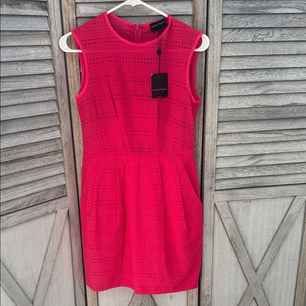 Nanette Lepore Silent Partner Shift Fiesta Pink Eyelet Fit-and-Flare Dress SZ 0